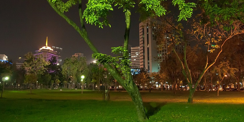Scenic snapshot of the beautiful Lumphini Park at the night in Thailand.
