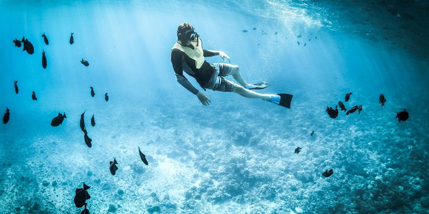 Person close to the water's surface, observing marine life while in Scuba diving in Vietnam.