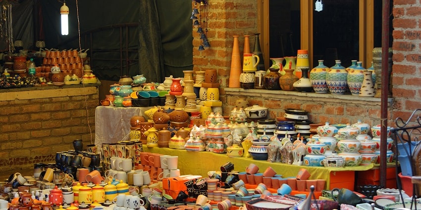 Ceramic products stall in the beautiful bustling streets of Old Delhi, red fort area