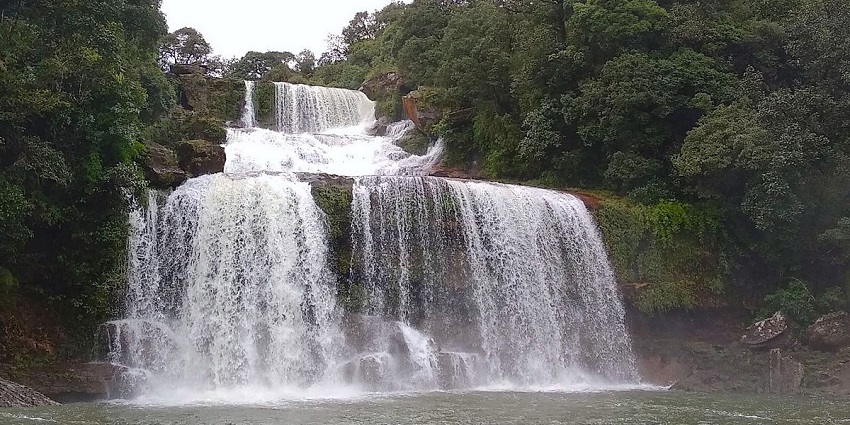 Scintalliting stepped waterfall descending in a pool of water amidst the lush jungle