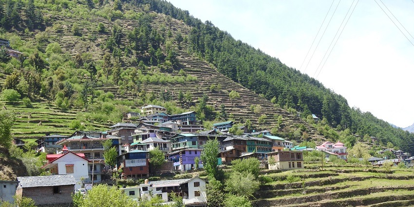 Alt Text: Picturesque view of Chhatrari village in Chamba, surrounded by lush green hills.