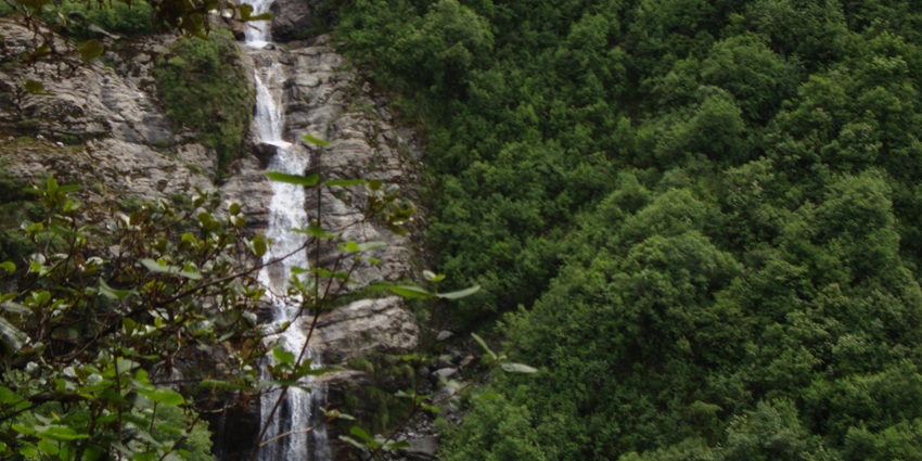 Chhoie waterfall presents a picture of the roaring water and serene surroundings.