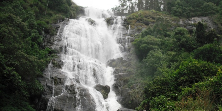 A serene view of the gushing waters of the Chinnakanal Waterfalls, a hotspot in Kerala.