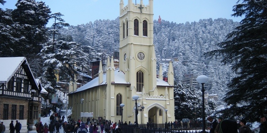 Panaromic view of the historic Christ church during the snow fall in Shimal, Himachal