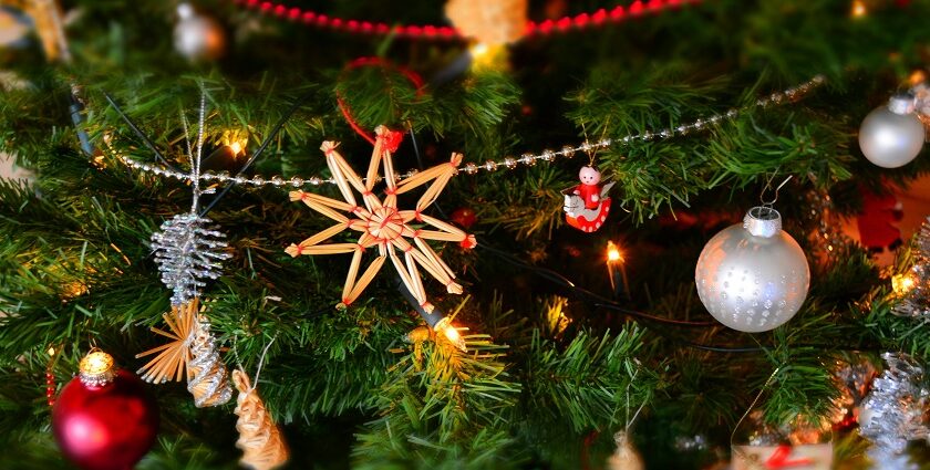 A breathtaking view of assorted decorations and lights on a green a Christmas tree.