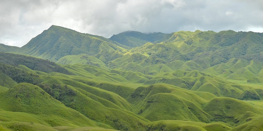 A panoramic view of hills straddling the Nagaland border in Northeast India, showcasing rolling green hills
