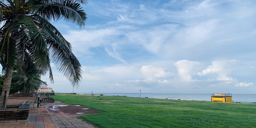 A scenic view of lush green grass with a vast sea and cloudy skies in the background.