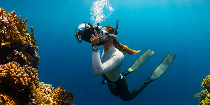 A woman exploring the kaleidoscope of colourful coral reefs under the ocean