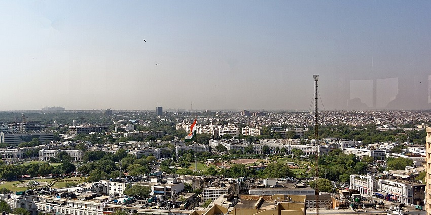 A picture of Connaught Place taken from a distance showing the colonial buildings