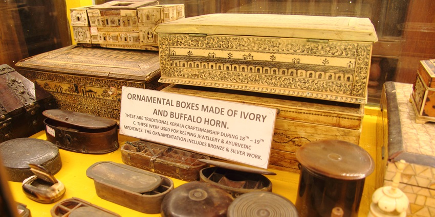 Beautiful snapshot of ornamental boxes made of Ivory and Buffalo horn in Kerala Museum