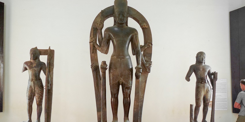A picture of statues of Vishnu, Rama and Balarama at the museum premises in Cambodia.