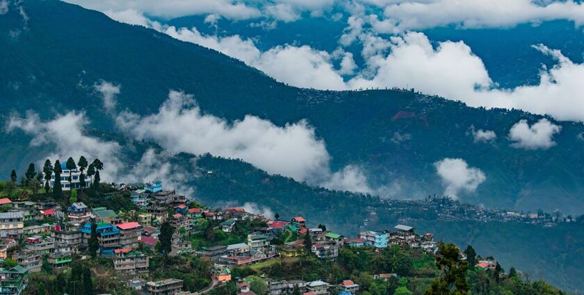 A bird’s eye view of the lush greenery and terraced fields dotted with colourful houses.