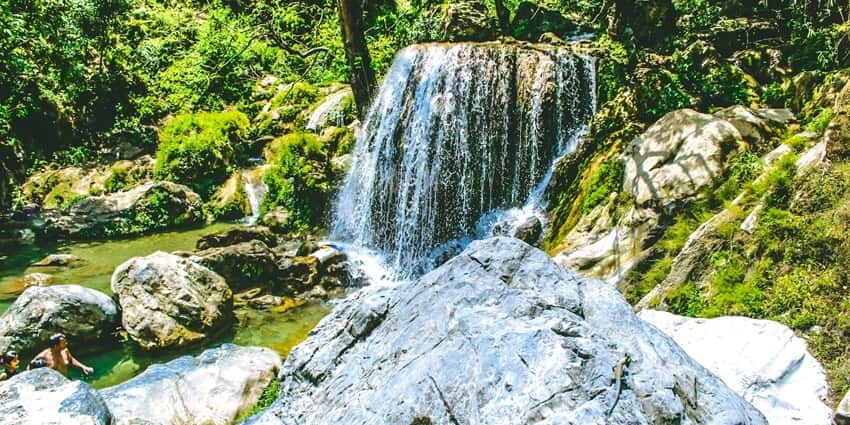 A view of a gushing waterfall surrounded by lush greenery in the region of Dehradun.