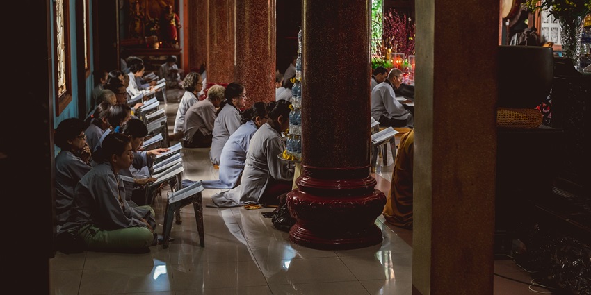 An inner view of the pagoda where the pilgrims are indulged in the dharma talk and teachings.