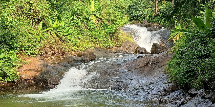 A picture of a quaint waterfall cascading down, with greenery on both sides