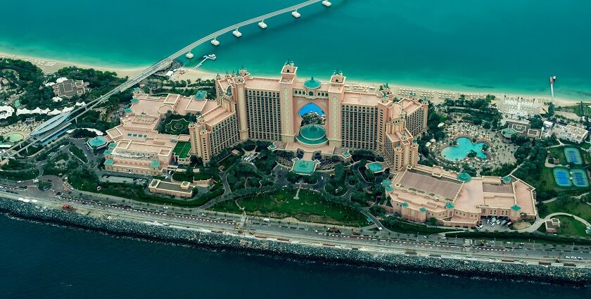 An aerial view of Atlantis, the Palm, one of the places to visit in Dubai with family