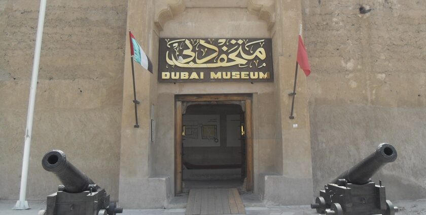 An image of the Dubai museum entrance at historic Al Fahidi Fort, the oldest building.