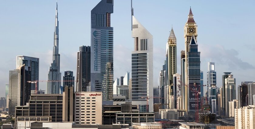 A picture of office towers and skyscrapers in Dubai during a bright sunny day