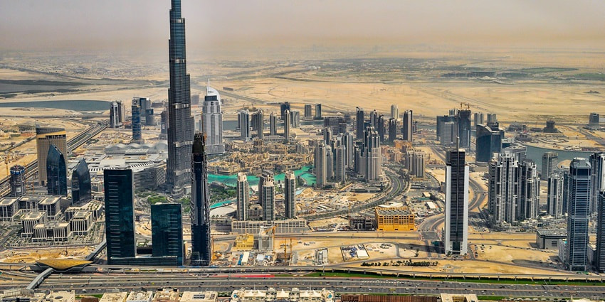 An Aerial wide-angle view of Dubai Skylines—One of the best place for Bungee in Dubai