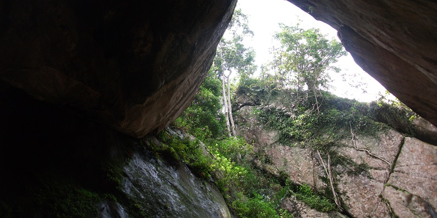 A picture of a cave opening taken from the inside with sunlight coming through