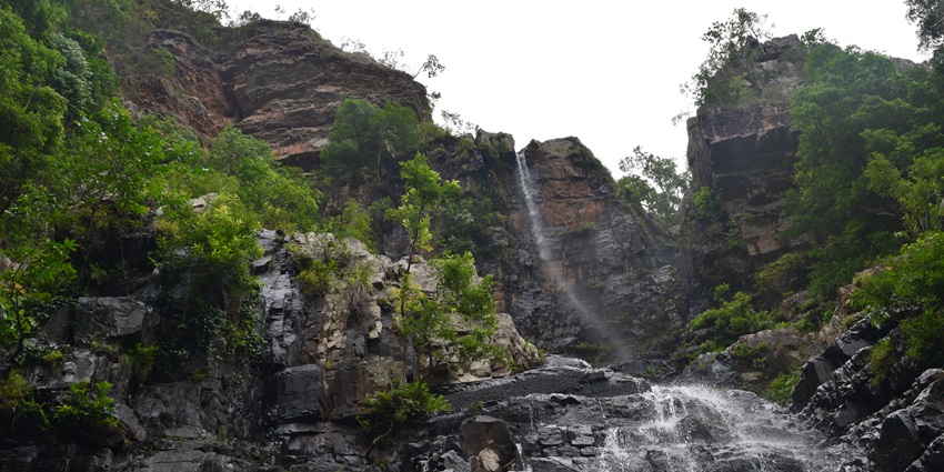 Panoramic image of the beautiful waterfall pouring down in Araku valley