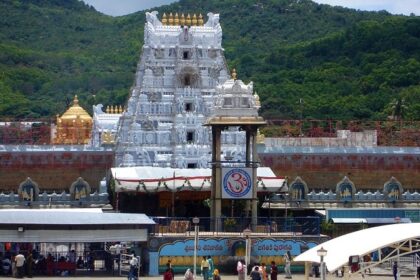 The main shrine is adorned with gold and the outside view is crowded with pilgrims.