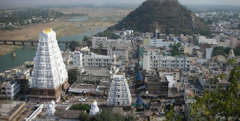 A bird-eye view of the temple in Andhra Pradesh that is visited by a lot of pilgrims.