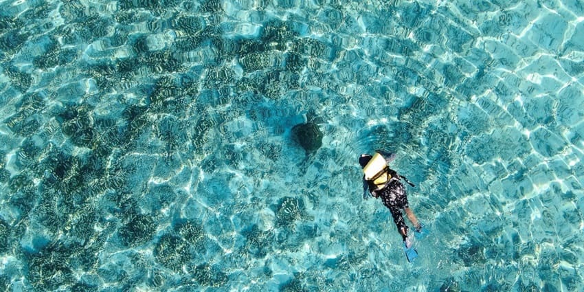A view of a person snorkelling in Sri Lanka in the shimmering blue waters of the sea.