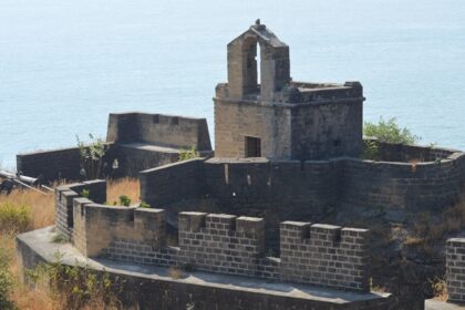 A breathtaking view of the Diu Fort with a water body on the side covered in greenery.