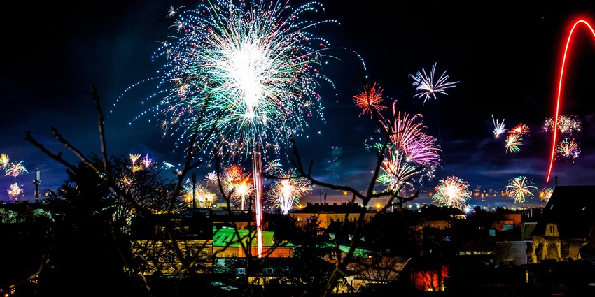 The view of intriguing fireworks at New Year Celebrations in Kochi, Kerala, India.
