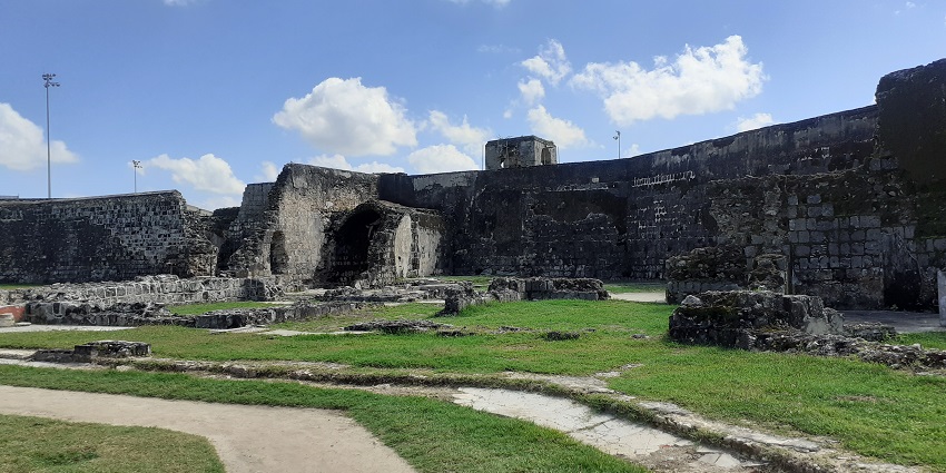 Jaffna Fort in Sri Lanka, showing damage from a bomb attack, with debris visible.