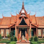 A photograph of the entrance of the museum of Cambodia which is popular among tourists.