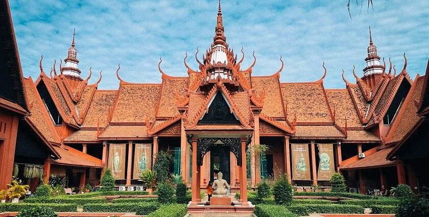 A photograph of the entrance of the museum of Cambodia which is popular among tourists.