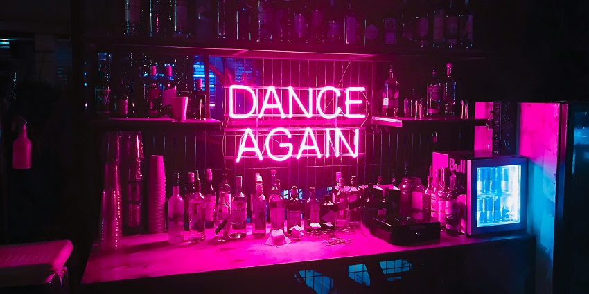 A view of rejuvenating drinks and neon sign board in the bar of Galle Face Green.