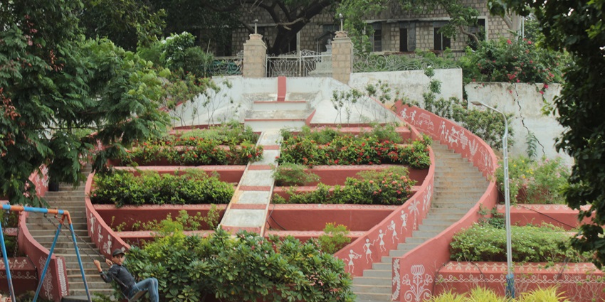A picture of a scenic garden area on Gandhi Hill with plants and greenery all around
