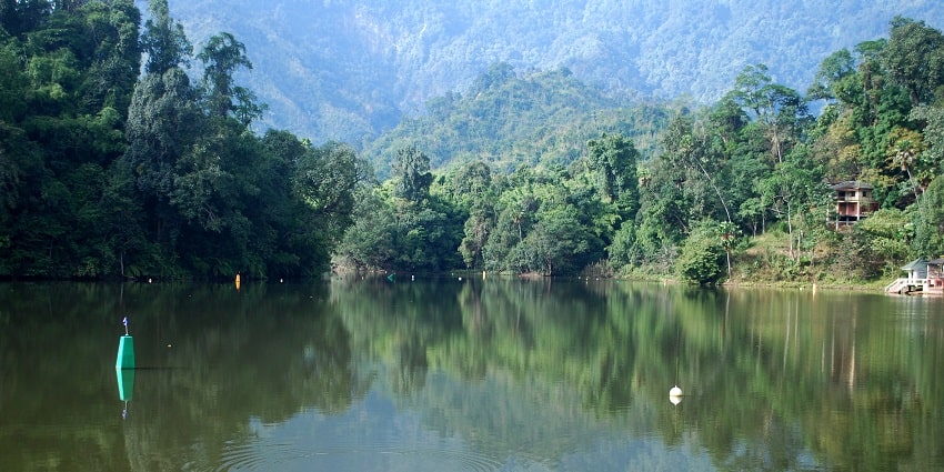 A scenic view of Ganga Lake with lush green trees and mountain peaks in the background.