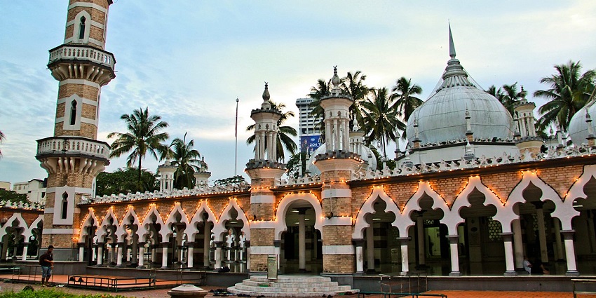The picture of the front of the mosque with the outside lightened, during festivities.
