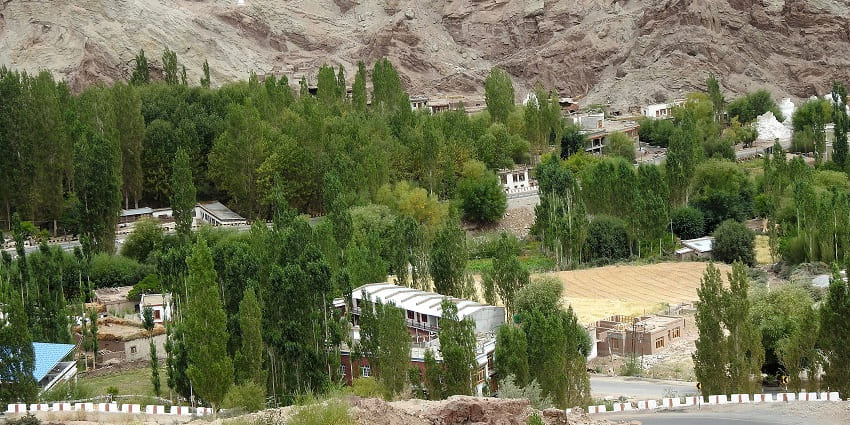 Aerial view of the village surroundings amidst the mountain ranges