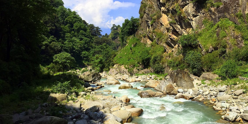 Image of a river cascading through rocks and lush green forest surrounded - perfect for Jibhi sightseeing