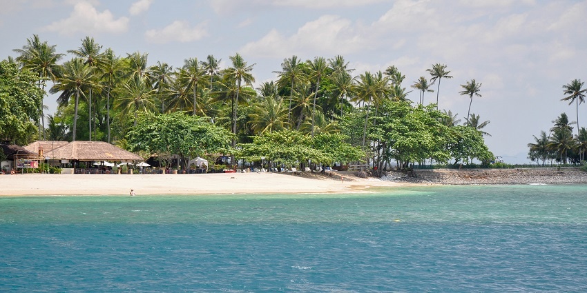 A picture of a beach in Indonesia with tall pine trees and a hut-shaped restaurant
