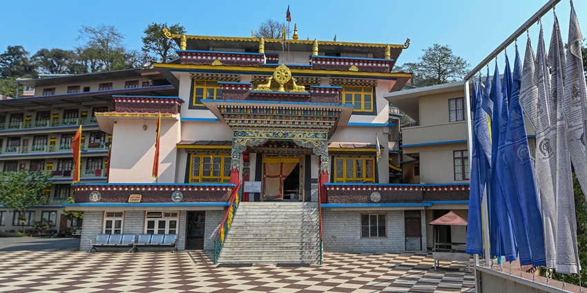 Gonjang Monastery in Gangtok, showcasing traditional architecture and vibrant prayer flags