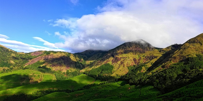 The panoramic views of the grassland shadowed by the beautiful clouds and Mountain