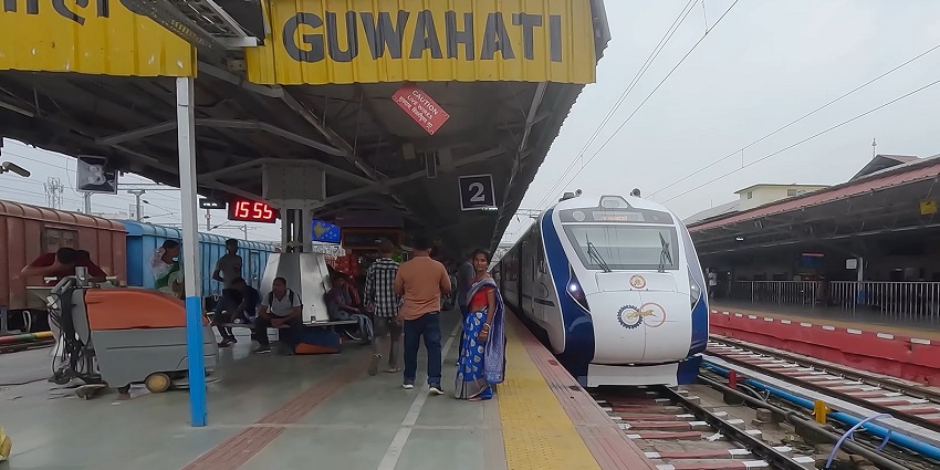 Guwahati Railway Station, in Assam, showcases busy platforms filled with passengers.