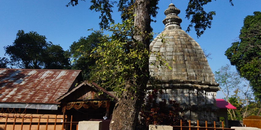 A picture of a historical temple in Hajo, surrounded by lush greenery and trees