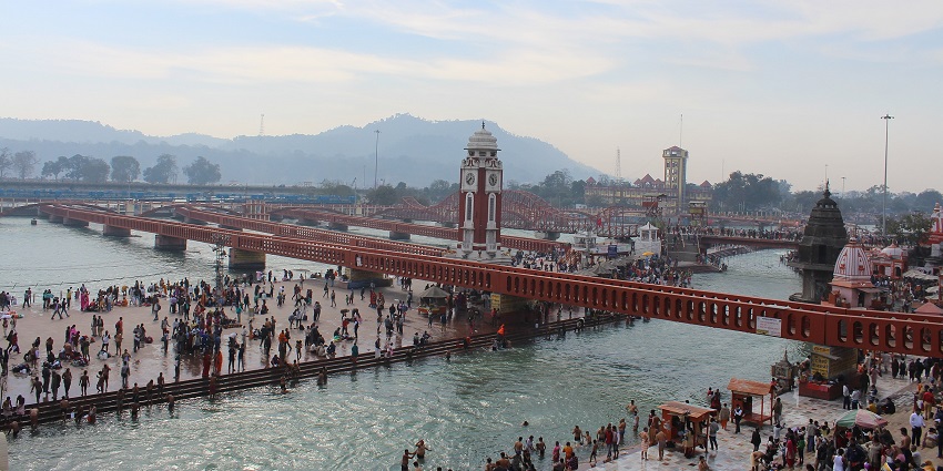 Aerial view of the ghats of Haridwar, one of the renowned places to visit near Delhi in January