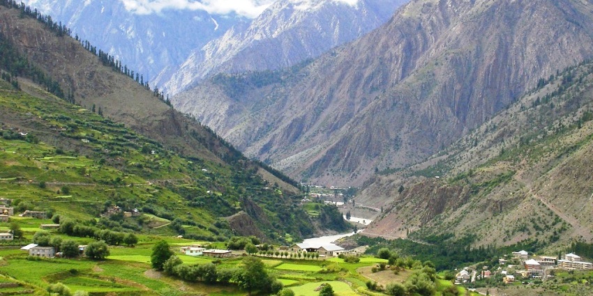 Panoramic view of the green lush hills of the mountains of the Himalaya