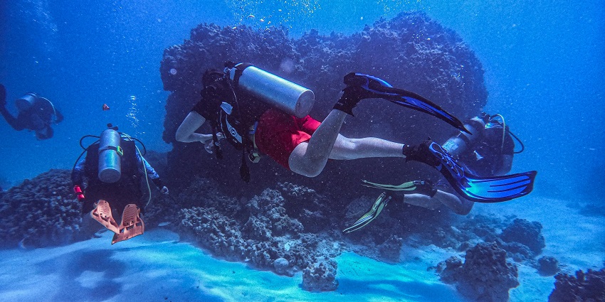 Group of people engaged in scuba diving, experiencing the underwater beauty of Phu Quoc.