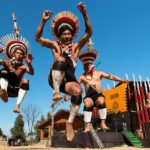 A picture of native people celebrating the Hornbill Music festival by dancing