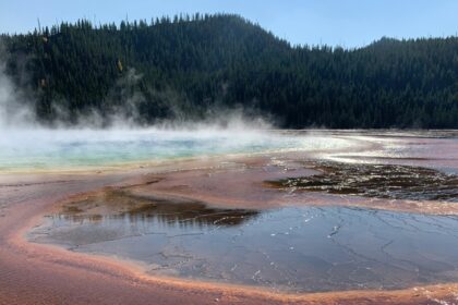 Beautiful naturally formed Manikarn hot spring near the historic temple of Manikarn