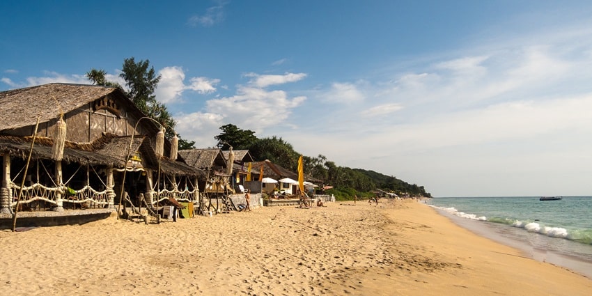 Brown wooden hut-style houses at a beach with tall trees in the background